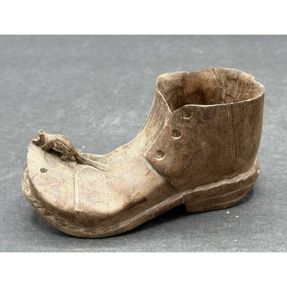 Vintage Hand Carved Wooden Shoe W/Mouse On Toe Primitive Folk Art Solid - Picture 6 of 11